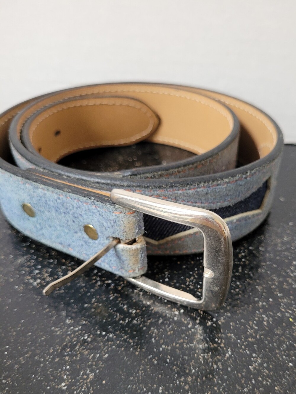 Vintage Lou Hoffman Blue Suede Leather Belt Denim Split Cowhide Cut Out Belt